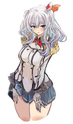 Rule 34 | 1girl, absurdres, beret, black hat, blue eyes, blush, closed mouth, collared shirt, epaulettes, gloves, grey shirt, grey skirt, hair between eyes, hat, hey taisyou, highres, jacket, kantai collection, kashima (kancolle), kerchief, long sleeves, looking at viewer, military, military uniform, pleated skirt, shirt, short hair, silver hair, simple background, skirt, smile, solo, twintails, uniform, white background, white gloves, white jacket