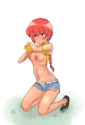 Rule 34 | 1girl, :/, black footwear, blouse, blue shorts, braid, braided ponytail, breasts, brown eyes, clothes lift, hair between eyes, highres, kneeling, lifting own clothes, long hair, looking away, low ponytail, medium breasts, mokokusa, navel, nipples, orange hair, ranma-chan, ranma 1/2, shirt, shirt lift, short shorts, shorts, single braid, sketch, solo, wet, wet clothes, wet hair, white background, yellow shirt