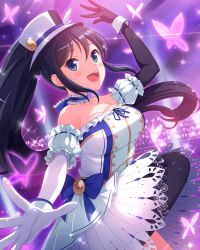 Rule 34 | :d, absurdres, asymmetrical gloves, bad id, bad pixiv id, black hair, blue bow, blue eyes, blush, bow, breasts, bug, butterfly, cleavage, crowd, dress, dress bow, elbow gloves, gloves, hat, hat ornament, highres, ichinose yukino, idol, idol wars z, indoors, insect, medium breasts, mismatched gloves, open mouth, ponytail, purple butterfly, sidelocks, smile, standing, third-party source, white dress