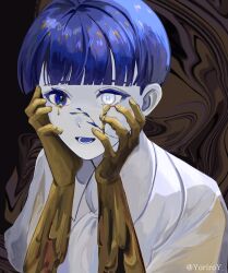 Rule 34 | 1other, androgynous, artist name, blue eyes, blue hair, blunt bangs, colored eyelashes, colored skin, cracked skin, crying, crying with eyes open, crystal hair, hands on own face, heterochromia, highres, houseki no kuni, looking ahead, melting, moon uniform (houseki no kuni), open mouth, phosphophyllite, phosphophyllite (ll), portrait, shirt, short hair, solo, tears, twitter username, white eyes, white shirt, yori (user yvfv5333)