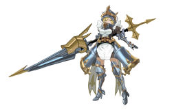 Rule 34 | 1girl, armor, belt, black legwear, blonde hair, cross, gauntlets, greaves, hair between eyes, helmet, highres, holding, holding lance, holding polearm, holding weapon, huge weapon, king&#039;s raid, lance, maid, polearm, puffy sleeves, r1zen, short hair, simple background, solo, standing, vambraces, weapon, white background, yellow eyes
