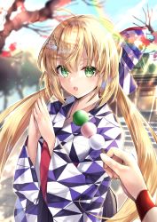 Rule 34 | 1girl, absurdres, artoria caster (fate), artoria caster (springtime koto strings) (fate), artoria pendragon (all), artoria pendragon (fate), blonde hair, blush, breasts, dango, fate/grand order, fate (series), food, green eyes, hane yuki, highres, huge filesize, japanese clothes, kimono, long hair, long sleeves, looking at viewer, open mouth, saber (fate), shrine, skewer, solo focus, twintails, wagashi, wide sleeves