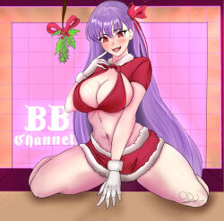 Rule 34 | 1girl, bb (fate), breasts, fate/extra, fate/extra ccc, fate/grand order, fate (series), finger to mouth, flesh fang, gloves, kneeling, large breasts, long hair, midriff, miniskirt, mistletoe, odj, purple hair, red eyes, ribbon, skirt, smile, thighs, tv screen, very long hair, white gloves