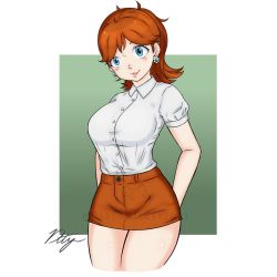 Rule 34 | 1girl, arms behind back, blue eyes, blush, breasts, draconety, earrings, highres, jewelry, large breasts, lips, mario, mario (series), medium hair, miniskirt, nintendo, orange hair, parted bangs, ponytail, princess daisy, puffy short sleeves, puffy sleeves, shirt, shirt tucked in, short sleeves, signature, skirt, smile, solo, twitter username, white shirt