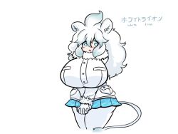 Rule 34 | 1girl, animal ears, blue eyes, breasts, character name, commentary, cowboy shot, fur-trimmed jacket, fur trim, gloves, hair between eyes, huge breasts, impossible clothes, impossible jacket, jacket, kemono friends, kemono friends 3, lion ears, lion girl, lion tail, long hair, miniskirt, pantyhose, pleated skirt, skirt, solo, tail, technokuno, white gloves, white hair, white jacket, white lion (kemono friends), white pantyhose