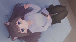 Rule 34 | 1girl, absurdres, animal ear fluff, animal ears, bed, between legs, blue eyes, blush, brown hair, cat ears, cat girl, cat tail, collared shirt, highres, indie virtual youtuber, itigori ena, long sleeves, lying, on back, open mouth, pantyhose, shirt, solo, tail, tail between legs, thighband pantyhose, tyakomis, virtual youtuber