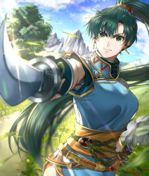 Rule 34 | 1girl, animal, belt, bird, blue dress, blue sky, breasts, brown belt, china dress, chinese clothes, closed mouth, cloud, delsaber, dress, earrings, fire emblem, fire emblem: the blazing blade, grass, green eyes, green hair, hair between eyes, high ponytail, highres, holding, holding sword, holding weapon, jewelry, large breasts, long hair, looking at viewer, lyn (fire emblem), mountain, nintendo, outdoors, outstretched arm, ponytail, sash, serious, sheath, short sleeves, sky, solo, sword, tree, upper body, very long hair, weapon, yellow sash