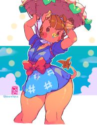 Rule 34 | 1girl, aged up, animal crossing, animal ears, apron, arms up, artist name, basket, blue kimono, blue sky, blunt bangs, blush, blush stickers, bow, breasts, brown eyes, brown hair, cloud, cropped legs, daisy mae (animal crossing), day, earrings, female focus, furry, furry female, head scarf, highres, holding, japanese clothes, jewelry, kimono, leaf, looking to the side, nintendo, no mouth, object on head, outdoors, outline, pig ears, pig tail, rope, sash, shiny skin, short hair, short kimono, short sleeves, signature, single earring, sky, small breasts, snot, snout, solo, standing, starmilk, tail, thick thighs, thighs, transparent background, turnip, twitter username, watermark, wide hips, yen sign