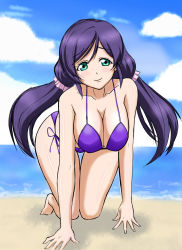 Rule 34 | 10s, 1girl, all fours, beach, bikini, blue eyes, breasts, cleavage, female focus, hair ornament, hanging breasts, highres, large breasts, long hair, long twintails, love live!, love live! school idol festival, love live! school idol project, nyantamaran, ocean, outdoors, purple bikini, purple hair, solo, summer, swimsuit, thigh gap, tojo nozomi, twintails, wide hips
