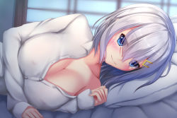 Rule 34 | 10s, 1girl, bed sheet, blue eyes, blush, breasts, buttons, collarbone, hair ornament, hairclip, hamakaze (kancolle), kantai collection, large breasts, long sleeves, lying, on side, pillow, shirt, short hair, silver hair, smile, solo, tapisuke, white shirt, window