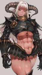 Rule 34 | 1girl, abs, animal ears, armor, breasts, closed mouth, gauntlets, grey background, highres, horns, huge breasts, ibuo (ibukht1015), long hair, monster girl, muscular, muscular female, navel, original, pauldrons, pink eyes, pointy ears, shoulder armor, simple background, solo, spiked armor, spikes, thick eyebrows, thick thighs, thighs, tsurime, underboob, vambraces, white hair