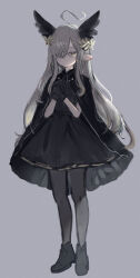 Rule 34 | 1girl, ahoge, ankle boots, black cape, black dress, black footwear, black gloves, boots, cape, closed mouth, dress, full body, gloves, grey background, grey hair, grey pantyhose, hair over one eye, head wings, highres, long hair, looking at viewer, migihidari (puwako), one eye covered, original, own hands together, pantyhose, rapute (migihidari), simple background, solo, very long hair, wings, yellow eyes