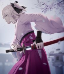 Rule 34 | 1girl, ahoge, blonde hair, blurry, bracer, cherry blossoms, depth of field, drawing sword, fate/grand order, fate (series), from side, goribote, hair ribbon, hakama, hakama skirt, half updo, holding, holding sword, holding weapon, japanese clothes, katana, koha-ace, okita souji (fate), okita souji (koha-ace), petals, profile, revision, ribbon, sheath, short hair, skirt, solo, sword, unsheathing, weapon, wide sleeves, yellow eyes