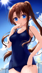 Rule 34 | 1girl, :o, armpits, bad id, bad pixiv id, bare arms, bare shoulders, blue one-piece swimsuit, blue sky, blush, breasts, brown hair, chain-link fence, cloud, collarbone, covered navel, cowboy shot, day, fence, from below, hair between eyes, hair ornament, hairclip, hand on own face, hand to own mouth, hoshino kagari, long hair, looking at viewer, looking down, one-piece swimsuit, original, outdoors, parted lips, ponytail, school swimsuit, sidelocks, sky, small breasts, solo, standing, sun, sweat, swimsuit, twitter username, very long hair