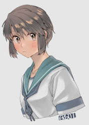 Rule 34 | 1girl, blue neckerchief, blue sailor collar, blush, brown eyes, brown hair, closed mouth, cropped torso, ergot, female focus, grey background, hair between eyes, highres, kantai collection, looking at viewer, miyuki (kancolle), neckerchief, necktie, sailor collar, school uniform, serafuku, short hair, signature, simple background, solo, upper body