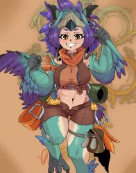 Rule 34 | 1girl, a.c. hunter, absurdres, blush, breasts, choker, commentary, crop top, digitigrade, english commentary, feathers, green feathers, green hair, grin, harpy, highres, large breasts, leather belt, leather shorts, looking at viewer, medium hair, midriff, monster girl, monster hunter (series), navel, o-ring, o-ring choker, o-ring thigh strap, open fly, partially feathered tail, personification, purple feathers, purple wings, seikret (monster hunter), smile, standing, standing on one leg, talons, thigh strap, two-tone wings, wings, yellow eyes