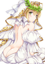 Rule 34 | 10s, 1girl, ass, bad id, bad pixiv id, bare back, bare shoulders, blonde hair, blush, bow, butt crack, closed mouth, collar, detached sleeves, embarrassed, fate/extra, fate/extra ccc, fate (series), from behind, green eyes, hair between eyes, head wreath, long sleeves, looking at viewer, nero claudius (bride) (fate), nero claudius (bride) (third ascension) (fate), nero claudius (fate), nero claudius (fate) (all), short hair, sitting, thighhighs, veil, wariza, white bow, white thighhighs, yuzu-aki