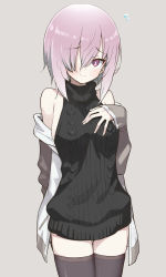 Rule 34 | 1girl, aran sweater, backless dress, backless outfit, black thighhighs, breasts, cable knit, closed mouth, clothes pull, cowboy shot, dress, fate/grand order, fate (series), flying sweatdrops, grey background, hair between eyes, halterneck, hama chon, hand on own chest, hood, hoodie, light purple hair, looking at viewer, mash kyrielight, medium breasts, meme attire, purple eyes, purple hair, ribbed sweater, short hair, sideboob, simple background, smile, solo, sweater, sweater dress, sweater pull, thighhighs, turtleneck, turtleneck sweater, virgin killer sweater