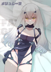 Rule 34 | 1girl, absurdres, black dress, black gloves, black leotard, breasts, copyright name, covered navel, dress, elbow gloves, fate/grand order, fate (series), forked eyebrows, gloves, highleg, highleg leotard, highres, kojima takeshi, leotard, long hair, looking at viewer, melusine (fate), pelvic curtain, sidelocks, small breasts, solo, thighs, translation request, tsurime, white hair, yellow eyes