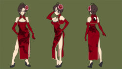 Rule 34 | 1girl, ahoge, breasts, brown eyes, brown hair, character sheet, china dress, chinese clothes, cleavage, dress, elbow gloves, flower, gloves, hair flower, hair ornament, high heels, hirabaru kenji, large breasts, legs, meiko (vocaloid), multiple views, shoes, short hair, simple background, smile, turnaround, vocaloid, wedge heels, yin yang