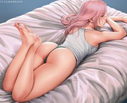Rule 34 | 1girl, artist name, ass, bare legs, barefoot, bed sheet, chloe (sciamano240), commentary, earrings, english commentary, feet, green panties, jewelry, legs, long hair, lying, on bed, on stomach, original, panties, pink hair, sciamano240, signature, sleeveless, solo, tank top, the pose, thong, underwear, underwear only, white tank top