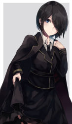 Rule 34 | &gt;:/, 1girl, :/, absurdres, belt, black belt, black cape, black hair, black necktie, black skirt, blue eyes, blush, cape, closed mouth, clothes lift, commentary, cowboy shot, dutch angle, grey background, hair over one eye, hand up, highres, long sleeves, loose necktie, necktie, ogami ren, original, outside border, parted bangs, short hair, skirt, skirt lift, solo, thigh strap, uniform, v-shaped eyebrows, wing collar
