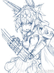 Rule 34 | 1girl, animal ears, bell, cannon, claw (weapon), cowboy shot, fang, headgear, highres, hikari123456, jackal (warship girls r), long sleeves, looking at viewer, looking to the side, machinery, monochrome, multicolored hair, open mouth, remodel (warship girls r), shirt, sidelocks, sketch, skirt, solo, torpedo, turret, two-tone hair, warship girls r, watermark, weapon, web address, weibo watermark