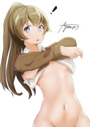 Rule 34 | !, 1girl, ayuman, blazer, blue eyes, brown hair, brown jacket, clothes lift, groin, highres, jacket, kantai collection, kumano (kancolle), long hair, no panties, out-of-frame censoring, ponytail, shirt lift, signature, simple background, solo, undressing, white background