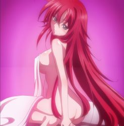 Rule 34 | 10s, 1girl, ass, blue eyes, breasts, female focus, gradient background, high school dxd, highres, long hair, nude, red hair, rias gremory, sitting, solo, stitched, third-party edit