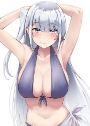 Rule 34 | 1girl, absurdres, arms behind head, bare arms, bare shoulders, bikini, blue eyes, blush, breasts, cleavage, closed mouth, collarbone, fuyutsuki (kancolle), grey hair, hair between eyes, highres, kantai collection, kiritto, large breasts, long hair, navel, one side up, purple bikini, simple background, smile, solo, swimsuit, upper body, white background