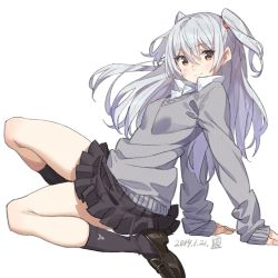 Rule 34 | 1girl, black footwear, black skirt, black socks, blush, breasts, brown eyes, closed mouth, collar, copyright request, full body, hair between eyes, long hair, long sleeves, looking at viewer, medium breasts, pleated skirt, saitou masatsugu, school uniform, shoes, silver hair, simple background, sitting, skirt, sleeves past wrists, smile, socks, solo, sweater, white background