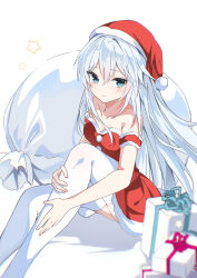 Rule 34 | 1girl, aqua eyes, bare shoulders, christmas, fathom, hibiki (kancolle), highres, kantai collection, looking at viewer, santa costume, simple background, smile, solo, white hair