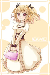 Rule 34 | 10s, 1girl, bag, blonde hair, bow, buttons, choker, closed mouth, corset, dress, eyebrows, frilled dress, frills, hair bow, handbag, holding, iijima yun, kou (mtin-53), looking at viewer, new game!, puffy sleeves, red eyes, smile, solo, two side up