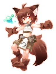 Rule 34 | 1girl, :d, ahoge, animal ear fluff, animal ears, bare shoulders, belt pouch, boots, brown hair, crop top, fang, full body, gloves, kso, looking at viewer, midriff, navel, open mouth, orange eyes, original, pouch, shorts, simple background, smile, solo, tail, white background, wolf ears, wolf tail
