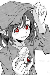 Rule 34 | 1girl, adjusting clothes, adjusting headwear, cabbie hat, camera, collared shirt, commentary request, flat chest, greyscale, hat, highres, holding, holding camera, jacket, km terax, limited palette, monochrome, necktie, parted lips, pointy ears, red eyes, shameimaru aya, shameimaru aya (newsboy), shirt, short hair, solo, suit jacket, touhou