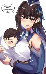 Rule 34 | 1boy, 1girl, baby, black hair, blue hair, carrying, carrying person, goddess of victory: nikke, hat, highres, hinghoi, holding baby, marian (nikke), military hat, multicolored hair, red eyes, simple background, speech bubble, white background