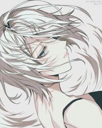 Rule 34 | 1girl, artist name, bare shoulders, blue eyes, closed mouth, commentary, floating hair, grey background, lips, looking at viewer, nier:automata, nier (series), pink lips, rio (rio773), short hair, simple background, sleeveless, solo, twitter username, upper body, white hair, a2 (nier:automata)