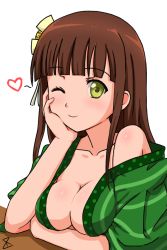 Rule 34 | 1girl, ;), blunt bangs, blush, breast rest, breasts, brown hair, cleavage, closed mouth, collarbone, commentary request, duan shi jue ming, flower, gochuumon wa usagi desu ka?, green eyes, green kimono, hair flower, hair ornament, hand on own cheek, hand on own face, heart, japanese clothes, kimono, long hair, looking at viewer, medium breasts, off shoulder, one eye closed, polka dot trim, ribbon, short sleeves, smile, solo, striped clothes, striped kimono, ujimatsu chiya, upper body, white background, white ribbon, wide sleeves, yellow flower