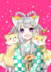 Rule 34 | 1girl, :d, animal, animal ear fluff, animal ears, bad id, bad pixiv id, bell, blush, braid, checkered clothes, checkered kimono, commentary request, fang, fox, fox ears, hair bell, hair ornament, highres, japanese clothes, jingle bell, kimono, long hair, looking at viewer, mito (go!go!king!), obi, open mouth, original, pink background, purple eyes, sash, silver hair, smile, solo, star (symbol), thick eyebrows, twitter username, unmoving pattern, v arms, very long hair
