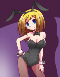 Rule 34 | 1girl, animal ears, bare shoulders, black bow, black bowtie, black hairband, black leotard, blonde hair, blue eyes, bow, bowtie, breasts, brown pantyhose, carol (pop&#039;n music), cleavage, closed mouth, contrapposto, detached collar, fake animal ears, gluteal fold, hairband, hand on own hip, hand on own leg, legs apart, leotard, long hair, looking at viewer, medium breasts, nollety, pantyhose, playboy bunny, pop&#039;n music, purple background, rabbit ears, smile, solo, standing, strapless, strapless leotard, wrist cuffs