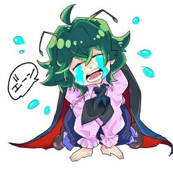 Rule 34 | 1girl, ahoge, antennae, black cape, black pants, bobotatamu, brown footwear, cape, closed eyes, collared shirt, commentary request, crying, frilled sleeves, frills, full body, green hair, hair between eyes, long sleeves, mary janes, open mouth, pants, pink shirt, red cape, shirt, shoes, short hair, simple background, solo, streaming tears, tears, teeth, touhou, two-sided cape, two-sided fabric, white background, wriggle nightbug