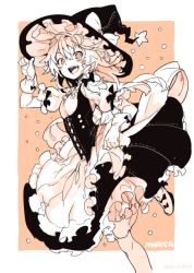 Rule 34 | 1girl, apron, apron hold, black bow, black hat, black skirt, black vest, bow, braid, cowboy shot, cross-laced clothes, fang, frilled apron, frilled hat, frills, gloves, hair bow, hair ribbon, hat, hat bow, kirisame marisa, leg up, looking at viewer, monochrome, morino hon, open mouth, orange background, puffy short sleeves, puffy sleeves, ribbon, shirt, short sleeves, side braid, single braid, skirt, smile, solo, star (symbol), touhou, tress ribbon, underbust, vest, waist apron, white shirt, witch hat