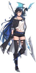 Rule 34 | 1girl, :d, absurdres, annno ans, belt, black camisole, black choker, black coat, black footwear, black gloves, black hair, black shorts, black thighhighs, blue belt, blue eyes, blue hair, boots, breasts, camisole, choker, cleavage, clothing cutout, coat, collarbone, colored inner hair, cross-laced footwear, crystal earrings, dragon, dragon on shoulder, earrings, fingerless gloves, full body, fur-trimmed coat, fur trim, gloves, high heels, highres, holding, holding polearm, holding weapon, jewelry, knee boots, lace-up boots, leg up, long hair, looking at viewer, medium breasts, midriff, multicolored hair, official art, open clothes, open coat, open mouth, panty straps, polearm, shirt, short shorts, shorts, single earring, sleeves past elbows, smile, solo, spear, standing, standing on one leg, thigh cutout, thighhighs, thighhighs under boots, toki production, transparent background, v-shaped eyebrows, very long hair, virtual youtuber, weapon, white shirt, yozakura ryu