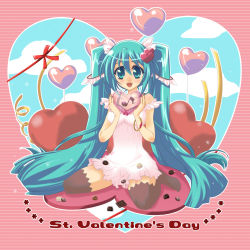 Rule 34 | 1girl, aqua eyes, aqua hair, bracelet, chemise, chocolate, hatsune miku, heart, highres, jewelry, long hair, minose, minose (phe), sitting, solo, thighhighs, twintails, valentine, very long hair, vocaloid