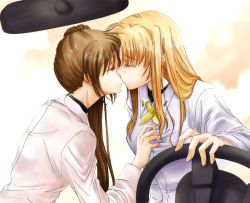 Rule 34 | 00s, 2girls, blonde hair, blue eyes, brown hair, car, car interior, closed eyes, couple, fate testarossa, grabbing, grabbing another&#039;s breast, kiss, left-hand drive, lina (interlude), long hair, lyrical nanoha, mahou shoujo lyrical nanoha, mahou shoujo lyrical nanoha a&#039;s, mahou shoujo lyrical nanoha strikers, military, military uniform, motor vehicle, multiple girls, red eyes, red hair, side ponytail, steering wheel, takamachi nanoha, uniform, vehicle, yuri