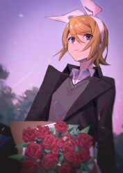 Rule 34 | 1girl, black jacket, blonde hair, blue eyes, blurry, blurry background, bouquet, bow, bow hairband, commentary, expressionless, flower, from below, grey vest, hair bow, hairband, highres, holding, holding bouquet, jacket, kagamine rin, looking at viewer, muted color, outdoors, red flower, red rose, rose, solo, tree, upper body, vest, vocaloid, white bow, wounds404