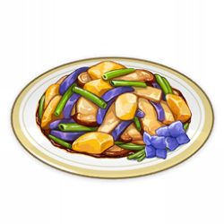 Rule 34 | artist request, commentary, english commentary, flower, food, food focus, game cg, genshin impact, lowres, mushroom, no humans, official art, plate, potato, purple flower, simple background, spring onion, still life, third-party source, transparent background