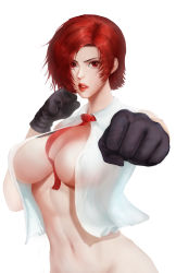 Rule 34 | 1girl, a494800, absurdres, breasts, clenched hand, foreshortening, gloves, highres, large breasts, lips, looking at viewer, navel, necktie, open clothes, open shirt, red eyes, red hair, short hair, simple background, sleeveless, snk, solo, the king of fighters, underboob, vanessa (kof), white background