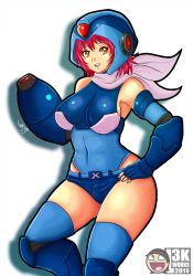Rule 34 | 1girl, arm cannon, armpits, bare shoulders, breasts, cosplay, covered navel, hand on own hip, helmet, large breasts, locke3k, mega man (series), x (mega man), mega man x (series), open mouth, original, scarf, sideboob, signature, simple background, skin tight, smile, solo, teeth, weapon, white background, x (mega man) (cosplay)