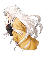 Rule 34 | 10s, 1boy, black gloves, fang, fox shadow puppet, from side, gloves, highres, hokora (n70), japanese clothes, kogitsunemaru, male focus, open mouth, partially fingerless gloves, profile, red eyes, smile, touken ranbu, white hair